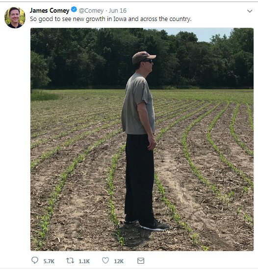 34) Those who are new to  #Qanon will not understand the relevance of the next post unless some context is provided. Former FBI Director James Comey is fond of tweeting photos of himself standing in a cornfield.