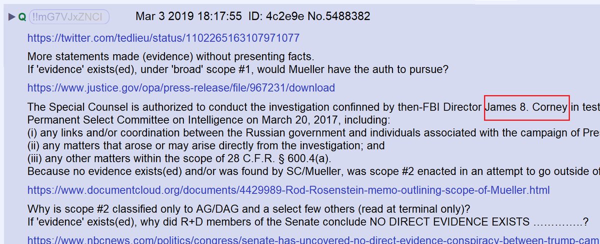39) On March 3, 2019, Q accidentally misspelled former FBI Director James Comey's name "James 8 Corney."
