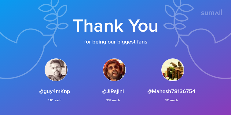 ramraajan's tweet photo. Our biggest fans this week: guy4mKnp, JiRajini, Mahesh78136754. Thank you! via https://t.co/bvTJciQw7y https://t.co/ESYuOGnRft