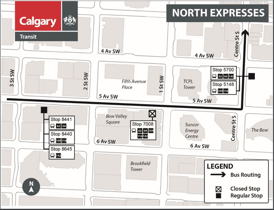 calgarytransit's tweet photo. #CTRiders #Route62 #Route64 #Route109 #Route116 #Route142 Starting Mon, April 20 the existing stop @ EB 5 Ave x 1 St SW (#7008) will be permanently closed. Please use the nearest regular stop on EB 5 Ave x 3 St SW or northbound Centre St x 4 Ave S. https://t.co/tqPKXdjDhF