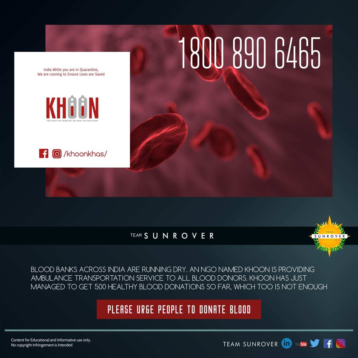 TSunrover's tweet photo. Your blood can give a life to someone. Your blood donation can give a precious smile to someone face. Don't let fools or mosquitoes suck your blood, put it to good use. Donate blood & save life
#TEAM_SUNROVER #bloodbank #savelife #donatebloodforhumanity #savehumankind https://t.co/U9lIUNNLzW