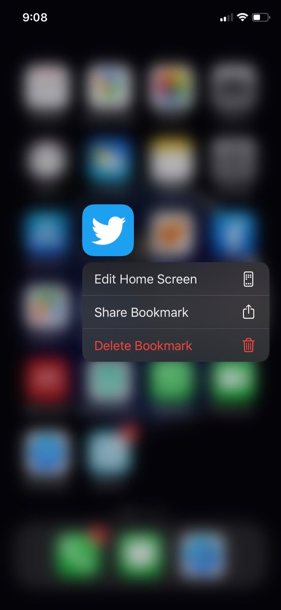 Screenshot of iPhone home screen with long-press menu on saved Twitter web app