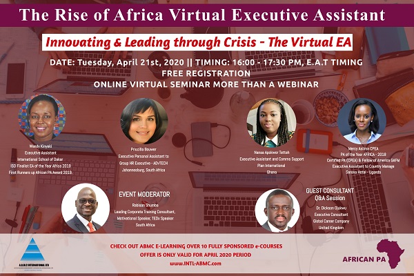The Rise of Africa Virtual Executive Assistant

Tuesday, April 21st, 2020 from 16:00 - 17:30 hrs, E.A.T Timing 

FREE Registration: lnkd.in/gJvbf4j

Interested also on Fully Sponsored e-Learning Course at No Cost? - intl-abmc.com