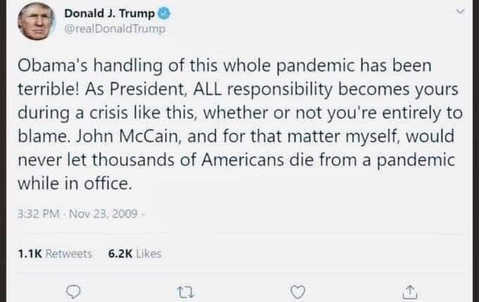myazuredee's tweet photo. @realDonaldTrump Less we forget. How many have died because of YOUR incompetence? You flat out called #COVID19 a hoax. Where’s this same accountability you wanted from President Obama? https://t.co/RNf9sGqI9g