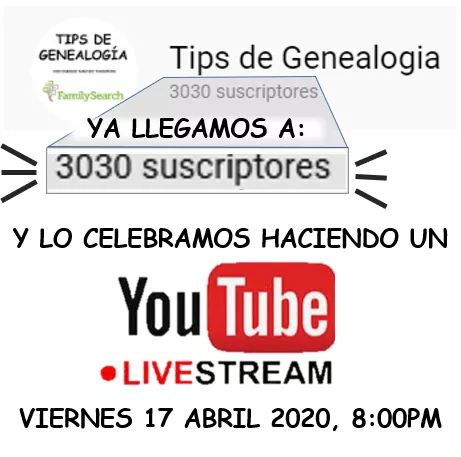 TipsdGenealogia's tweet photo. ¡Lo logramos! Ya somos más de 3,000 Suscriptores y para celebrarlo haremos LIVESTREAM en YOUTUBE, donde grabaremos en vivo todos juntos un nuevo video de #TipsDeGenealogía
No se lo pierdan!
Suscríbanse ahora: https://t.co/JVt41WHpkn https://t.co/b6d5i5nAiw