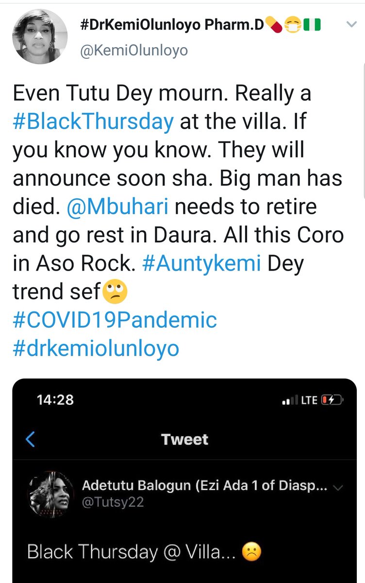 officialkrey_'s tweet photo. Kemi Olunloyo has done it again. She tweeted this weeks ago.. y'all labelled her mentally unstable &amp; called her names. 

They finally decided to break the news of Abba kyari death today. Nawa!! https://t.co/Ng1UfSjZxS