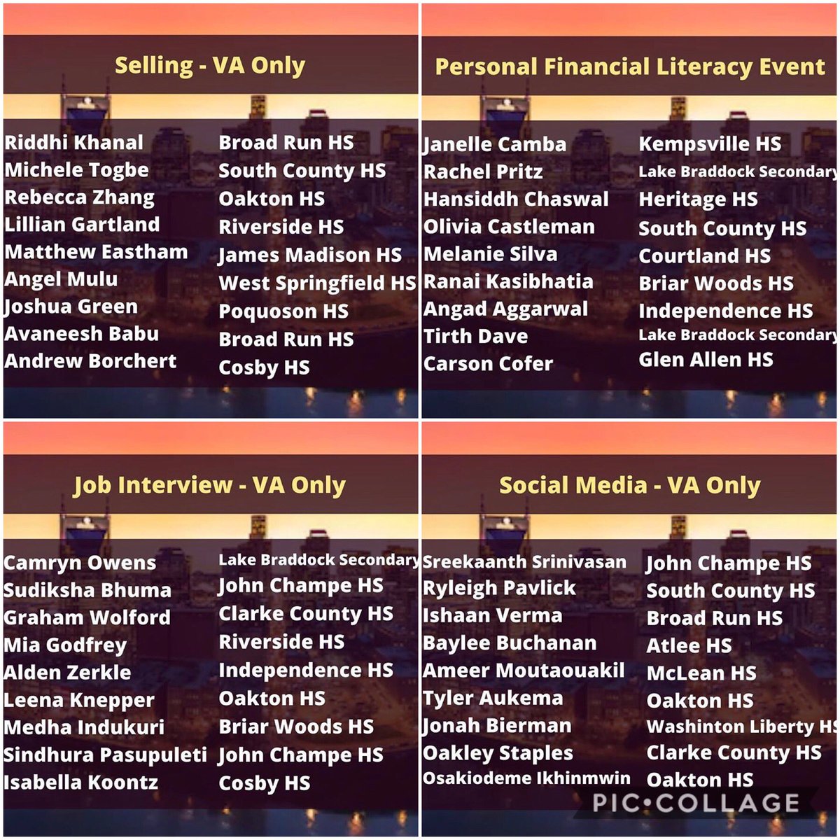 VirginiaDECA's tweet photo. Happy #FinalistFriday!! This week we are recognizing the individuals from our VA only events, Financial Consulting, Professional Selling, and some of our finalist teams in TDM! Congratulations to these finalists! 🥳🔷 #VADECAvision https://t.co/e6pazmlmhG