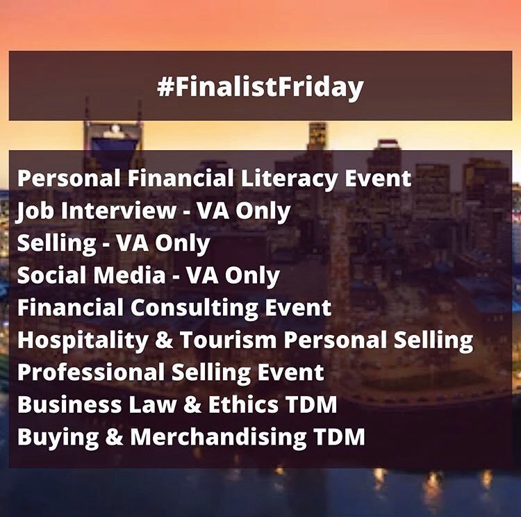 VirginiaDECA's tweet photo. Happy #FinalistFriday!! This week we are recognizing the individuals from our VA only events, Financial Consulting, Professional Selling, and some of our finalist teams in TDM! Congratulations to these finalists! 🥳🔷 #VADECAvision https://t.co/e6pazmlmhG