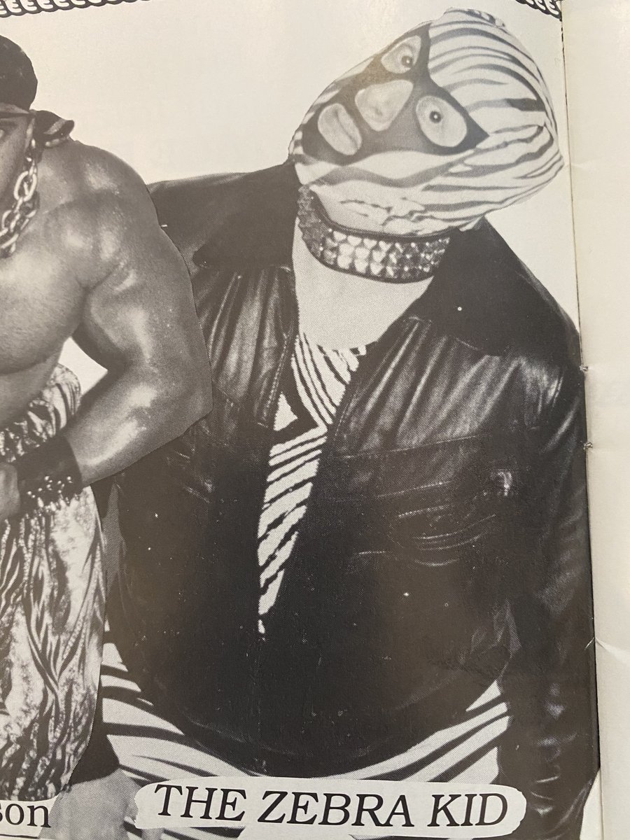 WindyCitySlam's tweet photo. .@WindyCitySlam is saddened by the passing of Midwest wrestling legend Kevin Clark (aka The Zebra Kid) after a battle with cancer. He wrestled for 44 years, according to @POWWEnt. This pic is from a Windy City Wrestling progam in 1991.

#localwrestling #ChicagoWrestling #ZebraKid https://t.co/osbMpBVyZh