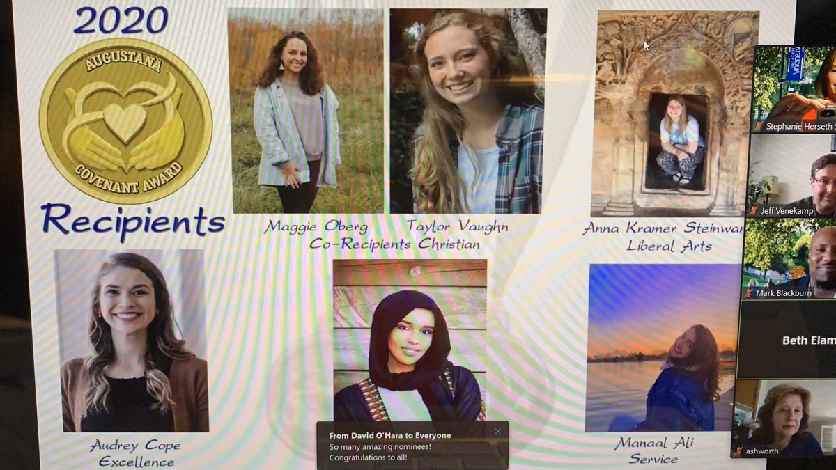 Great virtual celebration of all nominees and recipients of this year’s <a href="/AugustanaSD/">Augustana University</a> Covenant Awards in recognition of our students’ commitment to the university’s core values. Congrats to Maggie Oberg, Taylor Vaughn, Anna Kramer Steinwand, Audrey Cope, Najma Siyad &amp; Manaal Ali!
