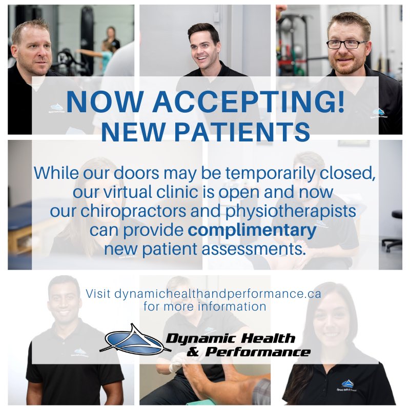DynamicOakville's tweet photo. Now accepting new patients! Our chiropractors and physiotherapists can now provide new patient assessments via our secure virtual clinic at @doxymeHQ. And we are waiving our fees. Visit https://t.co/JrHhEA1DSo for more information. #telehealth #virtual #oakville #halton https://t.co/QSmbfaVoat