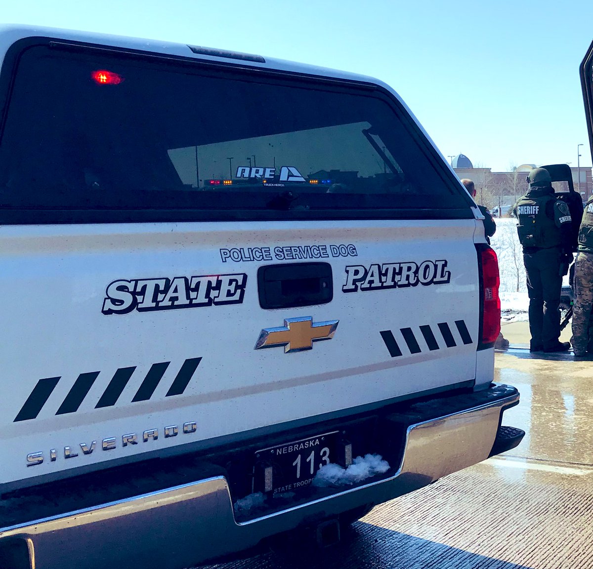 NSP_DogDivision's tweet photo. We were on scene of the standoff/manhunt incident today in Sarpy County near the Shadow Lake Towne Center supporting our local law enforcement partners. PSD Atlas assisted with a search of the storm drain system. Grateful for a safe and successful outcome. #RealLifePawPatrol https://t.co/mZ6GZwx8Yy