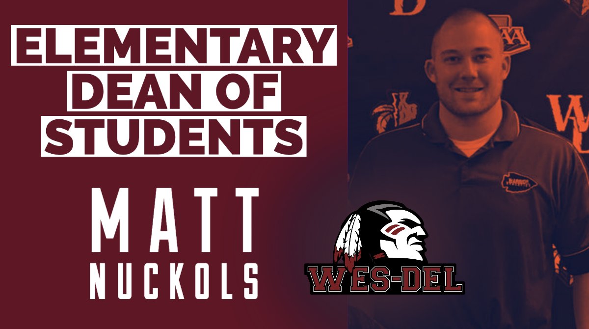 Kmealy25's tweet photo. Wes-Del Community Schools is pleased to announce Matt Nuckols as the new Dean of Students(formerly assistant principal) at Wes-Del Elementary. Mr. Nuckols takes over for Mr. Slopsema, as Mr. Slopsema moves to Director of Student Services for the district. #WDpride https://t.co/0IqKgPuLlW