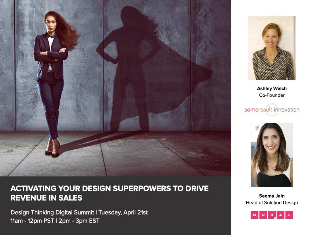 Join Ashley and me on Tuesday, April 21st at 11am PST to learn how to activate your design superpowers in sales. Register here: mur.al/digsum
#designthinking #remotefacilitation #cocreation #sellbydesign #remotework #salesenablement #salesleaders <a href="/MURAL/">Mural</a>