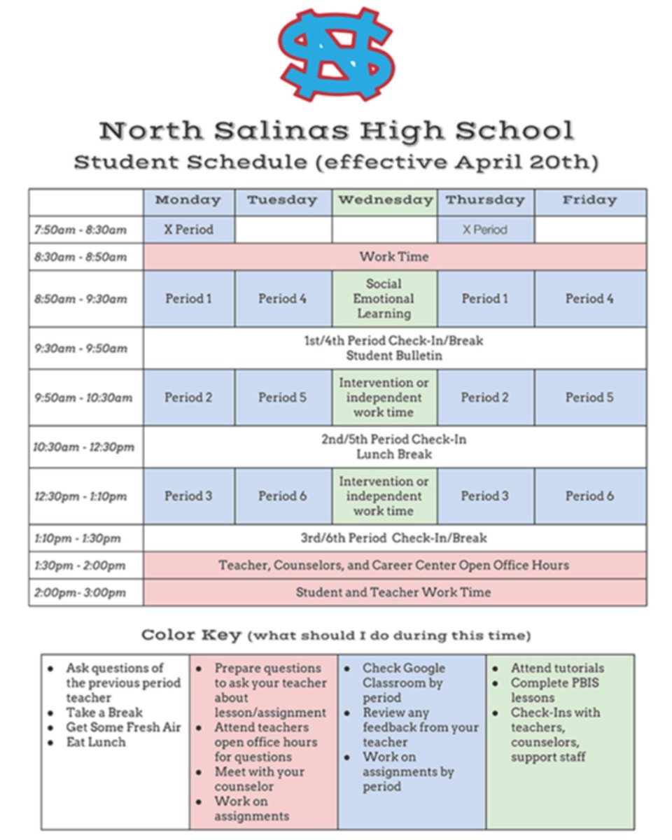 NorthSalinasHS's tweet image. Next week we have a new learning schedule as well as updates on grading and graduation requirements. You can get information on these changes from our Covid-19 Info page (ow.ly/w1ho50zhHg1) as well as our Frequently Asked Questions Document (ow.ly/Vtkr50zhHfY)