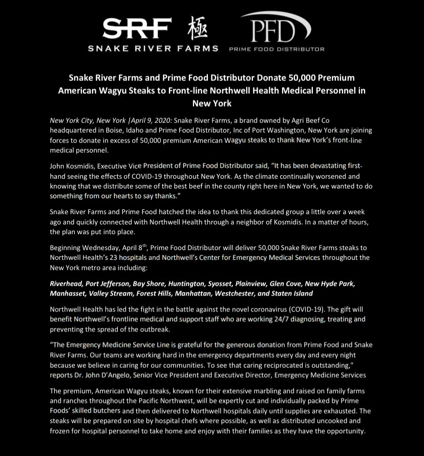 KapoorMedEd's tweet photo. #Generosity has no bounds
#ThankYou @PrimeFoodsNY @snakeriverfarms for donating $500,000 of Wagyu Steaks to #NorthwellSBIRT @Northwell_EM ππ½
@NorthwellHealth #NorthwellHeroes
#InThisTogehter
#pfdroundtable #protienserved @GiveToNorthwell @MichaelJDowling @TomMcGinn4 https://t.co/EzaLKReNeT