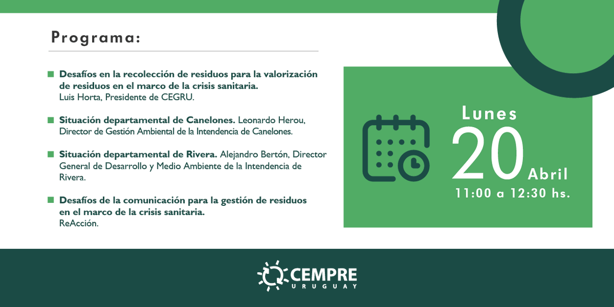 El próximo lunes, te invitamos a sumarte a nuestra webinar donde abordaremos la Gestión de residuos domiciliarios a nivel departamental en tiempos de COVID-19, de la mano de expertos en la temática. 

Para participar, inscribite acá: bit.ly/webinar2_cempre