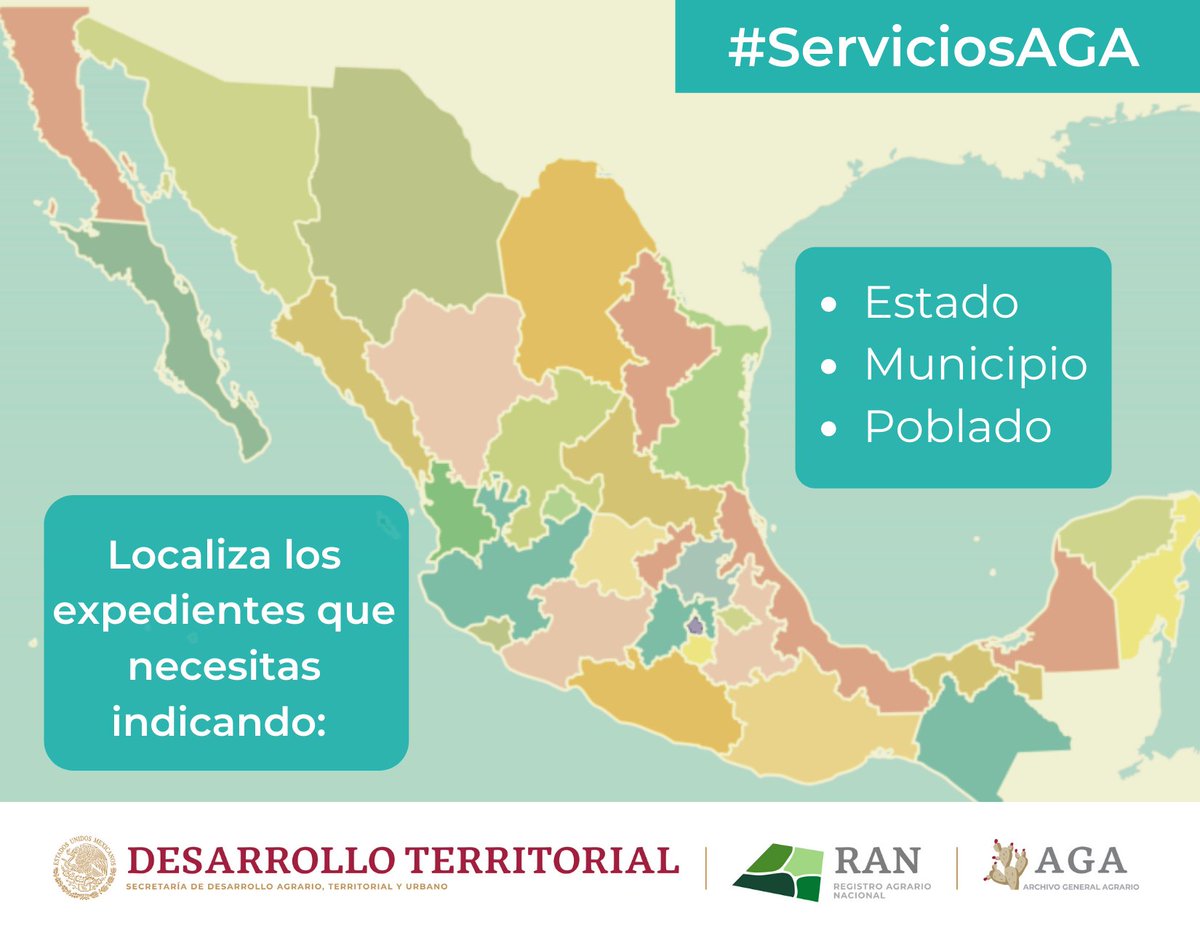 AGA_Mexico's tweet photo. Para comenzar la búsqueda de los expedientes que necesitas, localízalos de manera geográfica por Poblado, Municipio y Estado.
#ArchivoGeneralAgrario #TipsAGA https://t.co/ZUNxnq7dXR