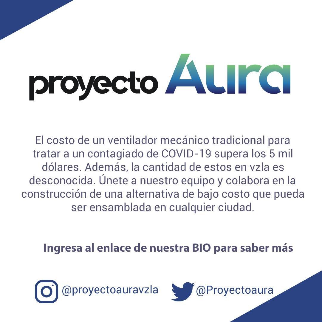 ProyectoAura's tweet photo. Únete a proyectoAura!!  Ante una situación tan critica debemos unir esfuerzos. Este proyecto esta compuesto por personas dispuestas a colaborar para lograr el ensamblado, producción y distribución de ventiladores mecánicos. Si quieres únete haciendo click al enlace de nuestra BIO https://t.co/aTFprYsnqW