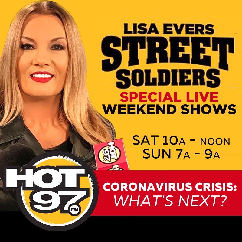 Street_soldiers's tweet photo. TUNE IN TOMORROW 10AM-12PM AND SUNDAY 7-9AM as she continues the reporting around COVID-19. You don’t want to miss our special guest 👀🤫
Topic: Coronavirus Crisis: What’s Next? 😷🦠
.
#specialguest
#streetsoldiers
#takeover
#hot97
#lisaevers
#coronavirusupdate https://t.co/gPmZOK95eK