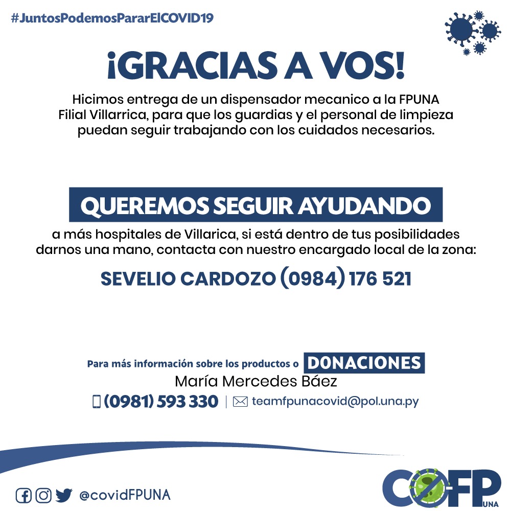 Llegando cada vez a MAS lugares!😁🚶 Los universitarios Sevelio Cardozo y Angel Duarte voluntarios  y estudiantes en la Filial de Villarrica hicieron entrega de un nuevo dispensador mecánico.
TE NECESITAMOS, realiza tus donaciones al 0984176521 Sevelio Cardozo (Villarrica)
