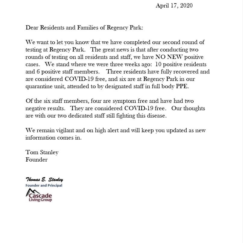 RegencySenior's tweet photo. A letter from our company, Cascade Living Group.  #goodnews #seniorliving #covidsurvivors  @GenevieveReaume @KATUNews @Oregonian https://t.co/mMVgTbs1oO
