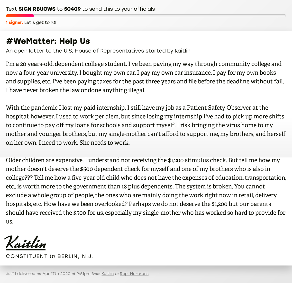 openletterbot's tweet photo. 🖋 Support @kaitlinmcgee8 by signing “#WeMatter: Help Us” and I’ll deliver a copy to your officials too: https://t.co/h8f8gRZLJp

📨 Last delivered to @DonaldNorcross #NJ01 #NJpolitics https://t.co/7i3cBO8lXb