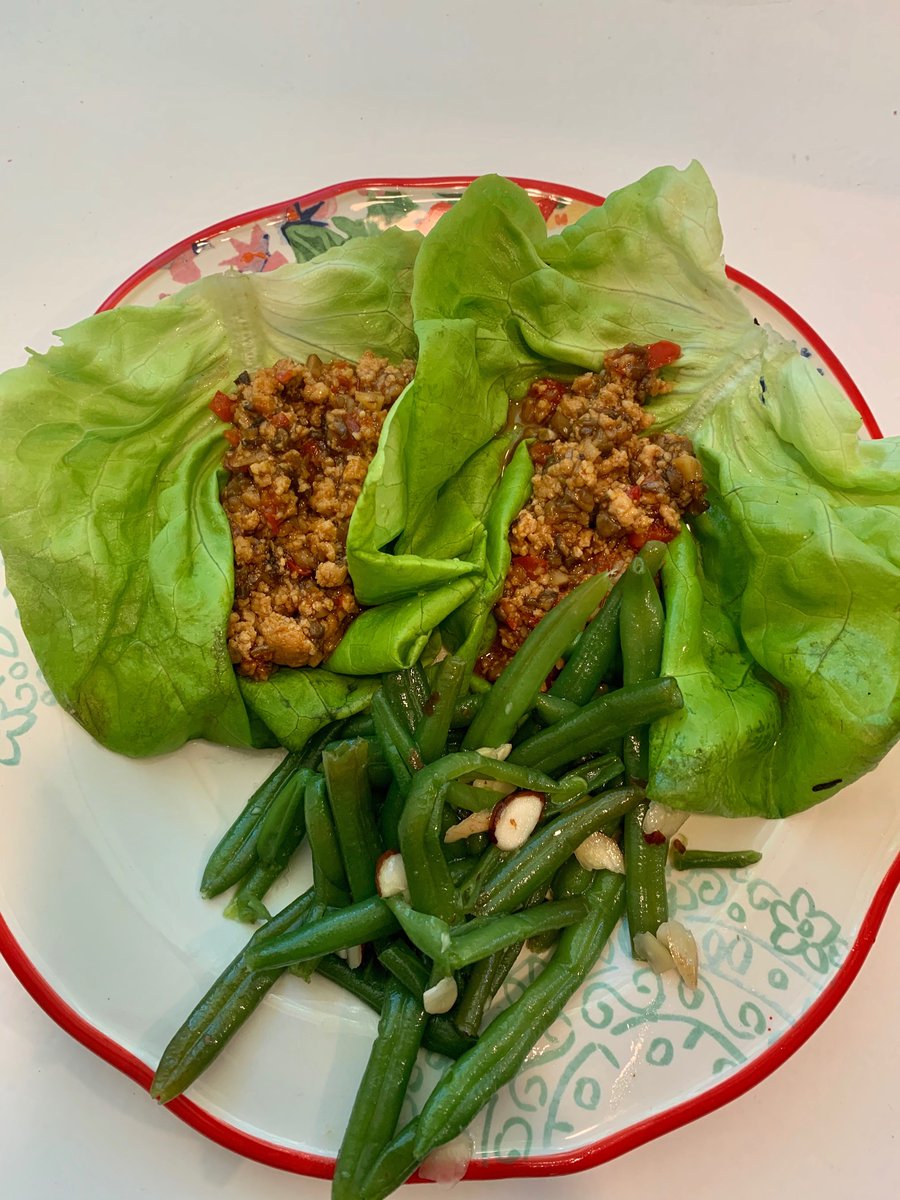 DeeFerguson82's tweet photo. Day 7 of @chrissyteigen menu: Buttery Glazed Green Beans and Lettuce Wraps. I left the green beans in too long so they were a little too sweet, but lettuce wraps were a big hit! https://t.co/NuTqoTf6WR