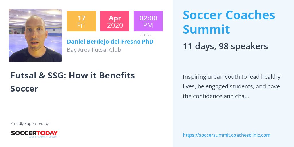 I really enjoyed my first talk at the Soccer Coaches Summit 2020 <a href="/coachessoccers1/">Virtual Soccer Summit</a> today. Watch the replay &amp; download the presentation pdf following the links below. Amazing job <a href="/AmericaSCORES/">America SCORES</a> <a href="/AmericaSCORESBA/">AmericaSCORESBayArea</a> &amp; <a href="/SoccerToday_USA/">SoccerToday</a> 
🎞️soccersummit.coachesclinic.com/talks/futsal-s…
🧷danielberdejodelfresno.blogspot.com/2020/04/the-co…