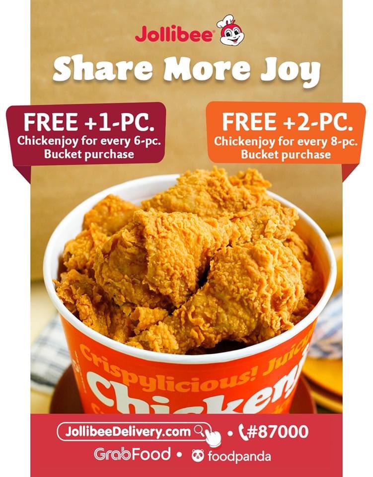 misismimisuarez's tweet photo. Stay safe at home while we deliver more joy! Get 1 FREE Chickenjoy piece for every 6-pc. bucket purchase, and get 2 FREE Chickenjoy pieces for every 8-pc. bucket purchase!
 
Order now via https://t.co/Am4rwakFsE, #87000, GrabFood or Foodpanda! Also available in Jollibee Take out https://t.co/OLRJeQ7BeU