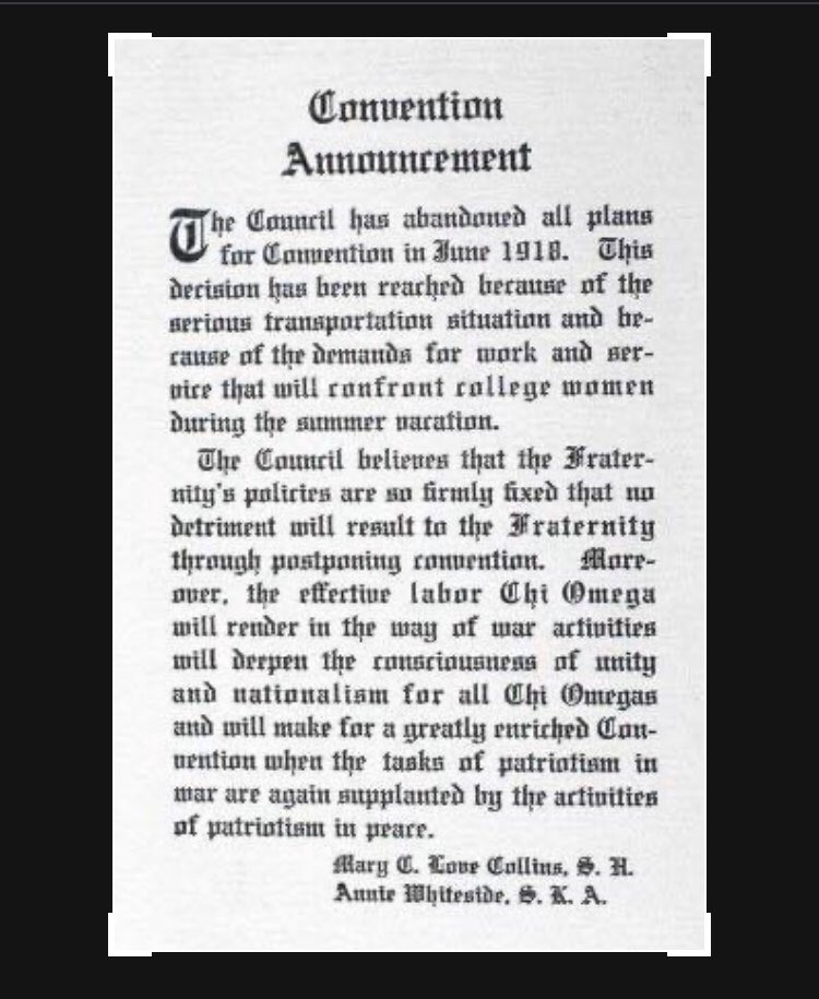 In 1918, the #ChiOmega Convention was postponed due to World War I