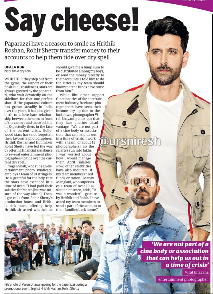 ursniresh's tweet photo. Say Cheese

Paparazzi face #lockdown woes: #HrithikRoshan, #RohitShetty offer help, deposit money into their accounts 
@iHrithik 

@HrithikRules @HrithikInspires https://t.co/KIEVVS5BNC