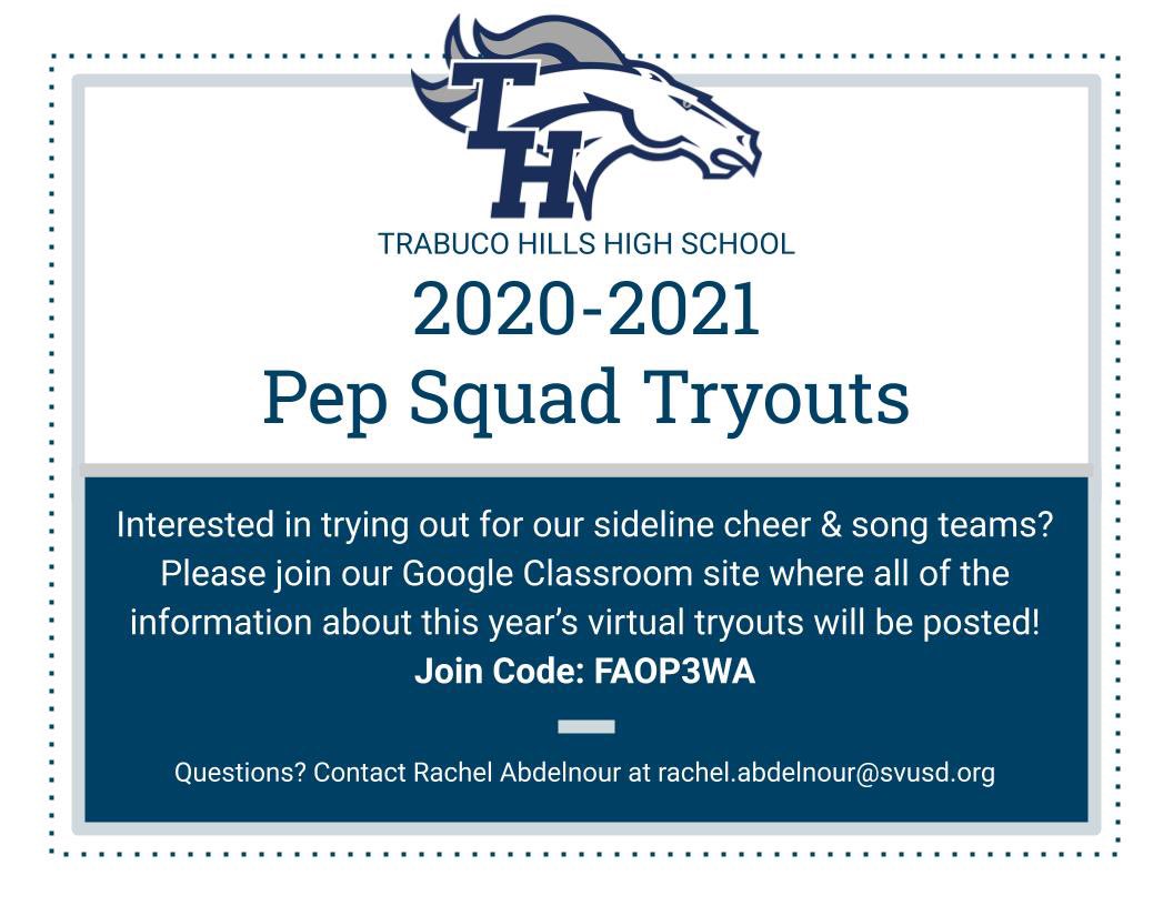 Join our Google Classroom where we will post information about tryouts for the 2020-2021 school year!