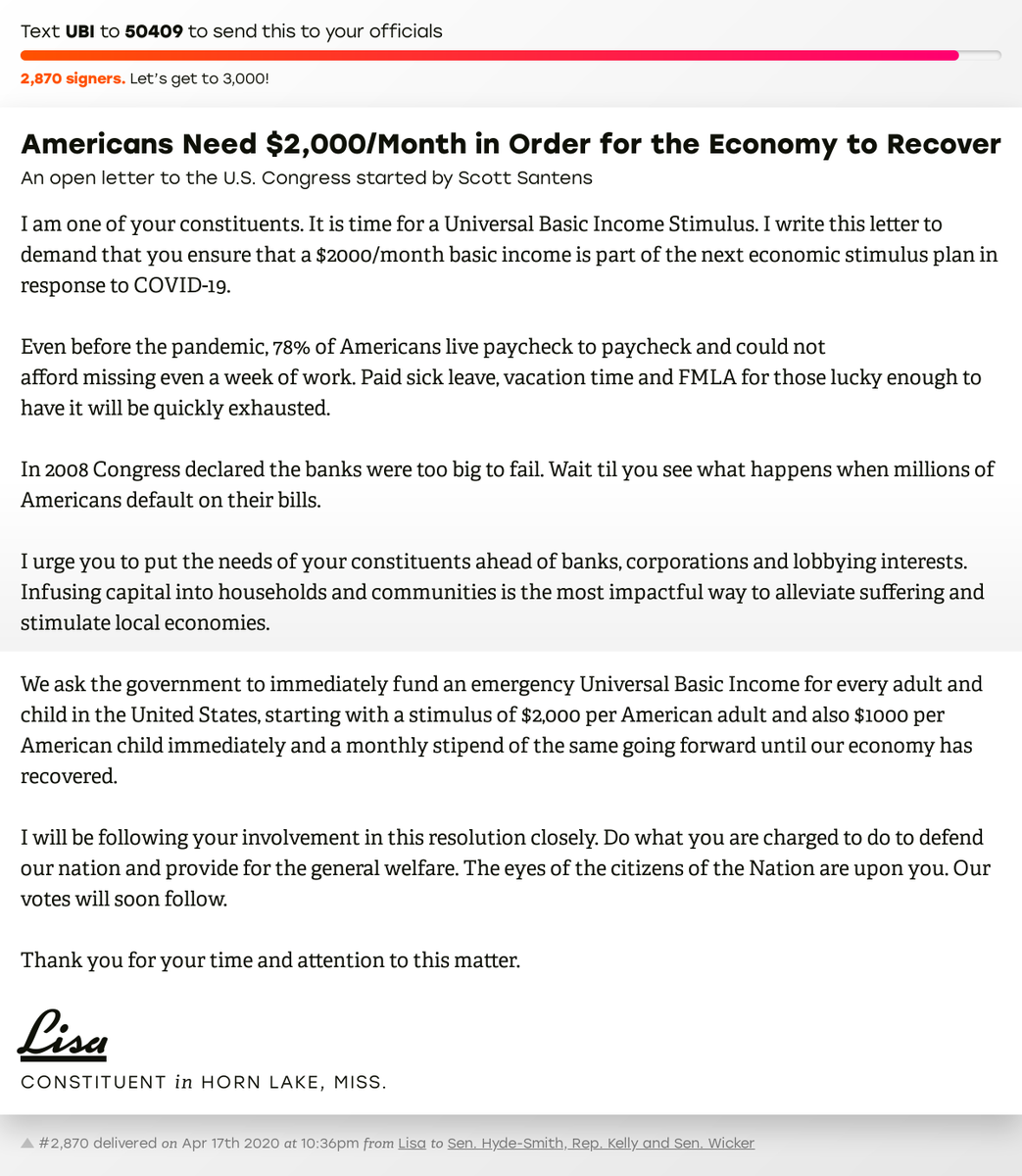 openletterbot's tweet photo. 🖋 Support @occidentalone by signing “Americans Need $2,000/Month in Order for the Economy to Recover” and I’ll deliver a copy to your officials too: https://t.co/8Uw1pCVwji

📨 Last delivered to @cindyhydesmith, @reptrentkelly and @SenatorWicker #MS01 #MSpolitics #UBI https://t.co/wZl0EOTxsx