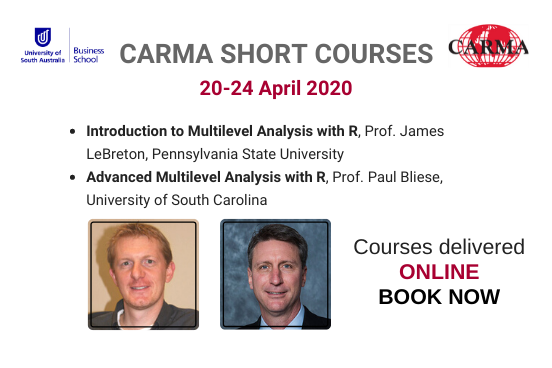 Last chance to book your spot for CARMA April. Don't miss out, book NOW: lnkd.in/gWtMnDY
#CARMA2020 #onlinecourses #Multilevelanalysis