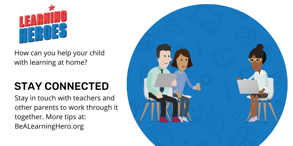 BeALearningHero's tweet photo. #KeepCalm #LearningisOn! Stay connected with your child's teacher. Most schools have sent home learning packets for children during school closures. Stay in contact with teachers because you're #BetterTogether in getting through #COVID19. More tips at https://t.co/cNVkd0QFXU https://t.co/MJBPK2EDj2