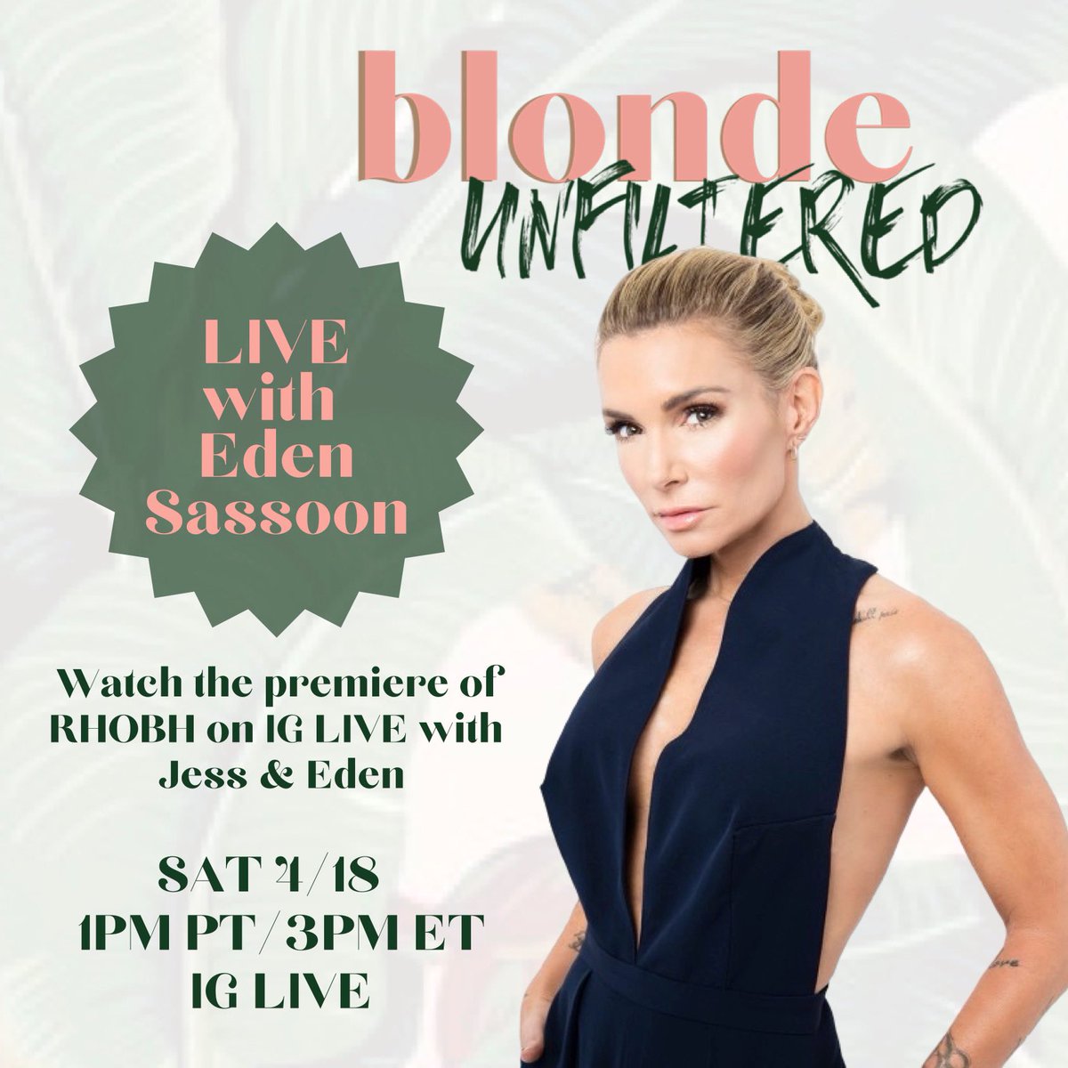 sassEden's tweet image. How’s this?

Straight from MY mouth! You wanna know what I really think of RHOBH? Going LIVE tomorrow 4/17 @ 1PM PST/3PM EST w/ @blonde_unfiltered to watch this season’s premiere episode! We’re bringing it!!! Tune into IG LIVE @blonde_unfiltered tomorrow @ 1PM PST!