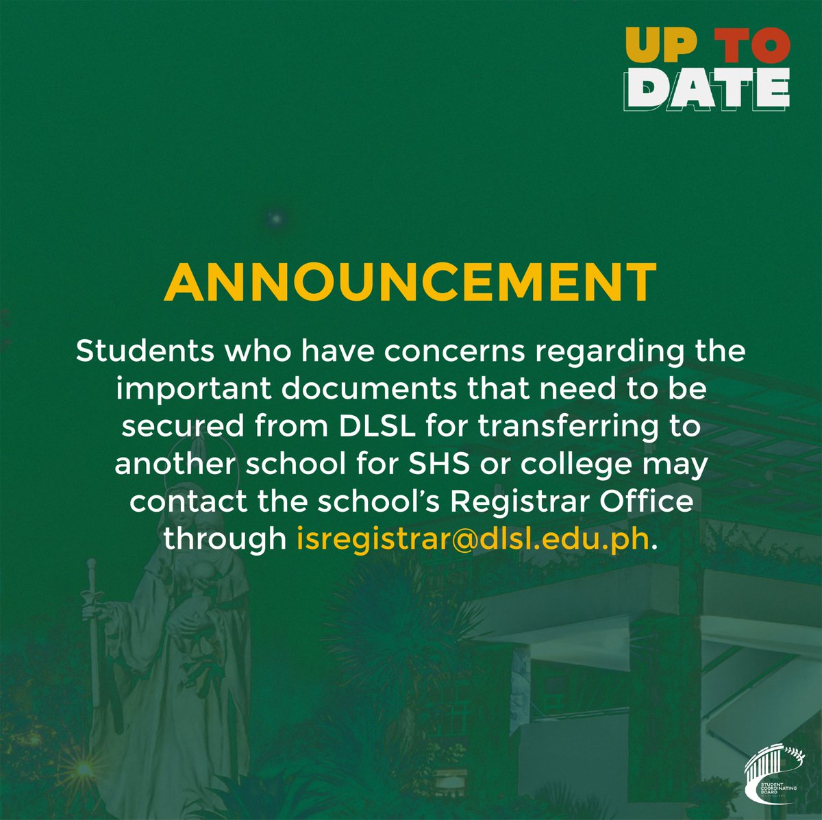 For IS document requests and all other Registrar's concerns, kindly email isregistrar@dlsl.edu.ph.