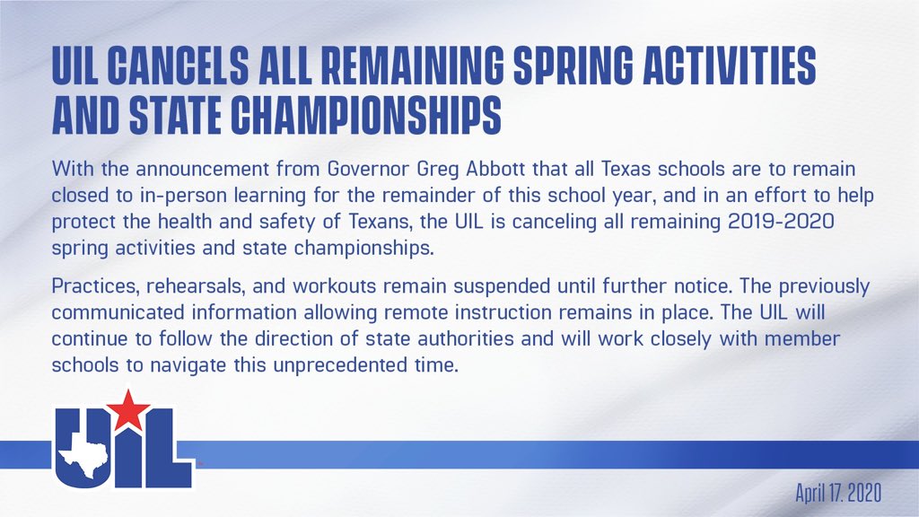 One would never imagine seeing your season end this way. I always remember telling our kids that tomorrow is never promised &amp; your season is never guaranteed.  <a href="/uiltexas/">Texas UIL</a> announcement today concludes the chapter for all seniors. Thank you for your loyalty, passion, &amp; commitment 💯