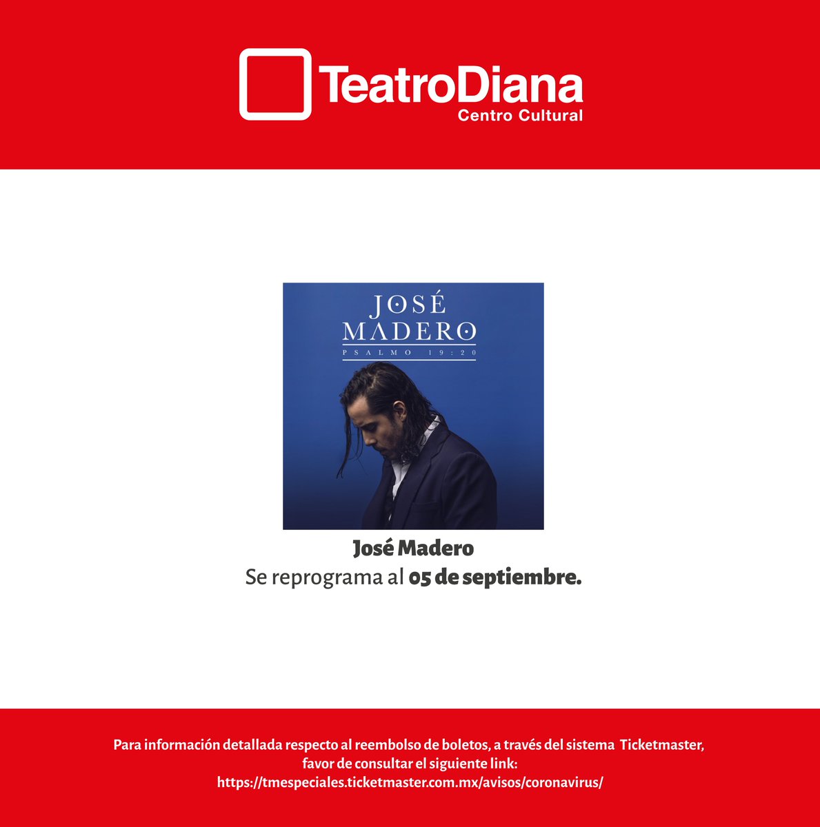 teatrodiana's tweet photo. Reprogramación:
José Madero llega al Teatro Diana el próximo 05 de septiembre.
Tus boletos son válidos para la nueva fecha.
#yomequedoencasa #TeatroDiana #Reprogramaciones #JoseMadero https://t.co/KYBwBB0bCA