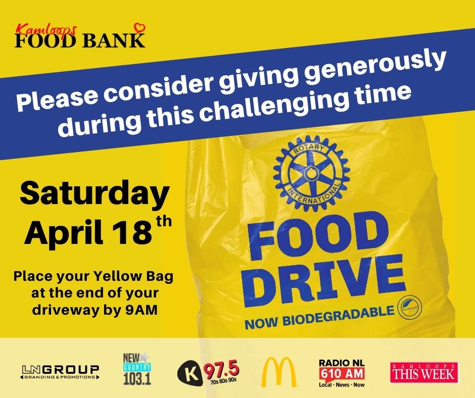 toddstonebc's tweet photo. Hey #Kamloops! Reminder of the @kamfoodbank #RotaryFoodDrive tomorrow. Fill your yellow bag, or any bag, with nonperishable food & place at end of your driveway by 9am. Letβs make this the biggest Food Drive ever for those who really need the help! #ykastrong #WeAreInThisTogether https://t.co/4KtM7gq9iQ