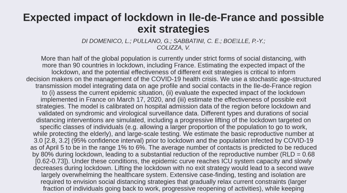 Covid 19 Arxiv 𝗧𝗶𝘁𝗹𝗲 Expected Impact Of Lockdown In Ile De France And Possible Exit Strategies 𝗔𝘂𝘁𝗵𝗼𝗿𝘀 Di Domenico L Pullano G Sabbatini C E Boelle P Y Colizza V T Co R3etf14eln T Co T7ruoaizzv