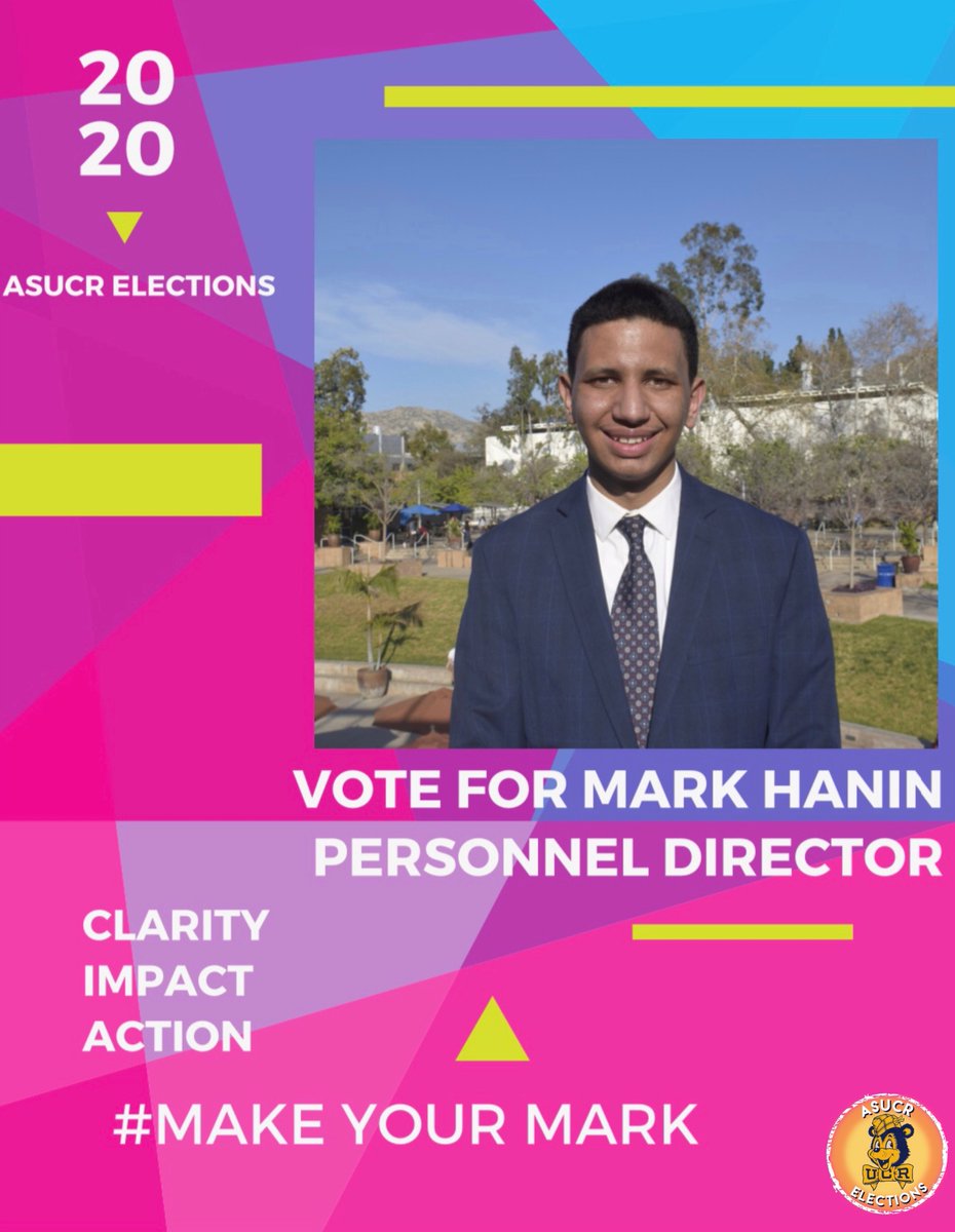 Hi there! My name is Mark Hanin and I am really happy to announce my candidacy to be the next ASUCR Personnel Director. I am building my campaign on the promise to increase transparency between you and the administration. Make sure to vote for me and inspire change. #MAKEYOURMARK