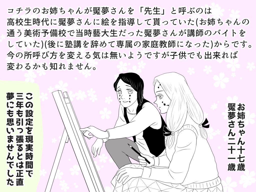 鼓屋敷魘姉、設定おさらい(色んな魘姉を捏造するアカなので一応時々…)です、現在の2人は22歳26歳、お姉ちゃんは美大休学中でそろそろ帰国予定です。 