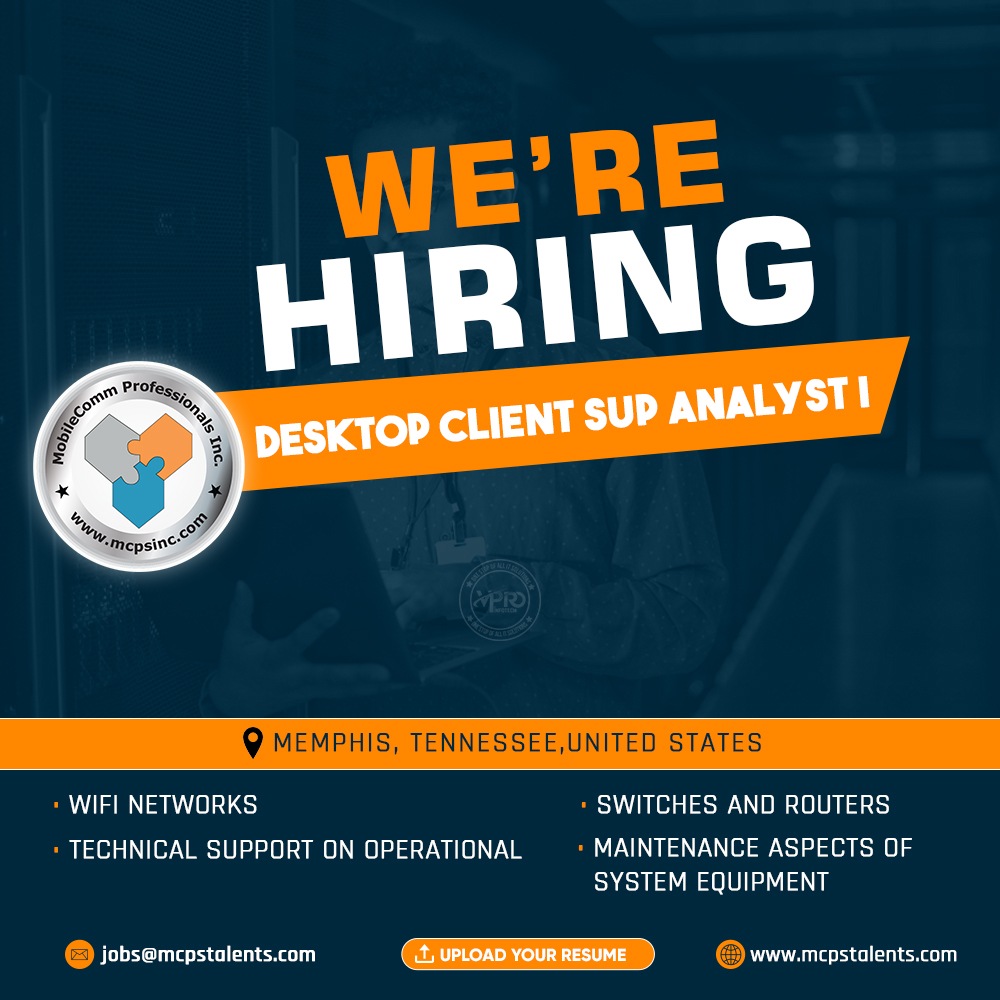 mobilecomm_inc's tweet image. We’re hiring a #DesktopClient Sup Analyst I in Memphis, #US.
Skills: WiFi networks, routers, technical support on operational of system equipment.
✅ Email CV at 📧 jobs@mcpstalents.com
✅ See 👉 mcpstalents.com/findjob
✅ Find jobs for RF/Network Engineers, Project Managers here
