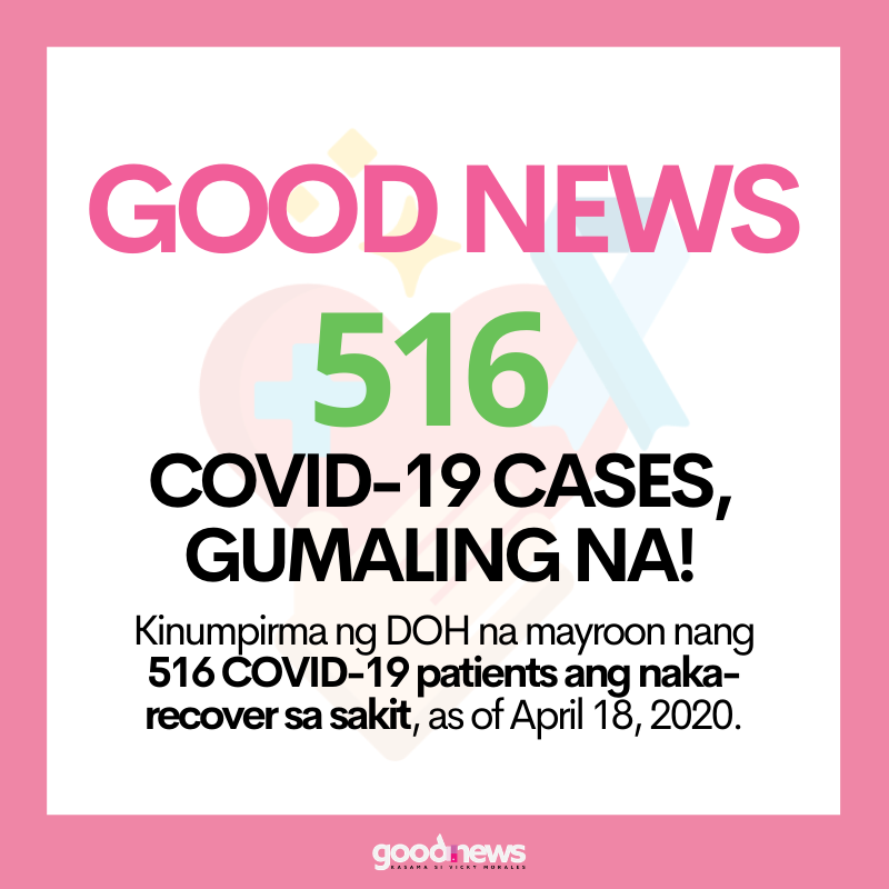 GoodNewsGTV's tweet photo. GOOD NEWS!

Mayroon nang 516 patients sa bansa ang naka-recover sa COVID-19, ayon sa DOH. #GoodNews https://t.co/34MugmKXtY