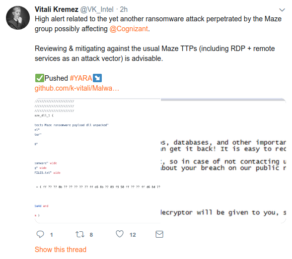 malwrhunterteam's tweet photo. If I remember what we seen/heard/etc about Cognizant, this, if true, not comes as a big surprise...
cc @VK_Intel https://t.co/qr3WuXzdT3