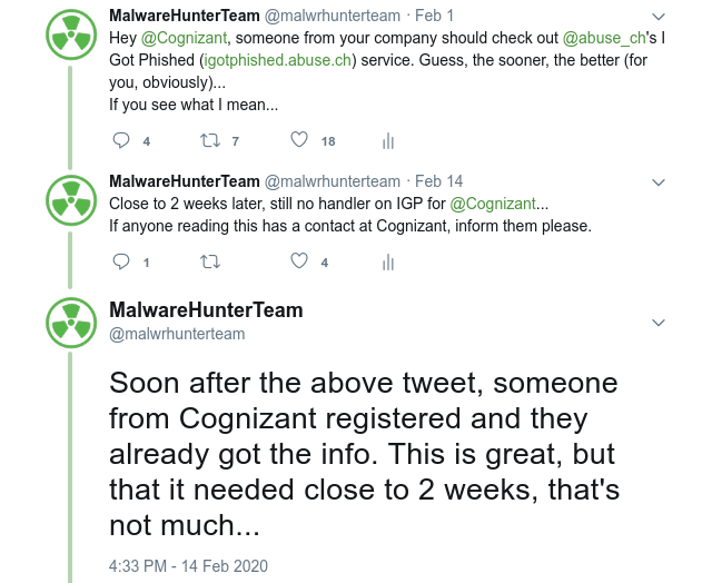 malwrhunterteam's tweet photo. If I remember what we seen/heard/etc about Cognizant, this, if true, not comes as a big surprise...
cc @VK_Intel https://t.co/qr3WuXzdT3