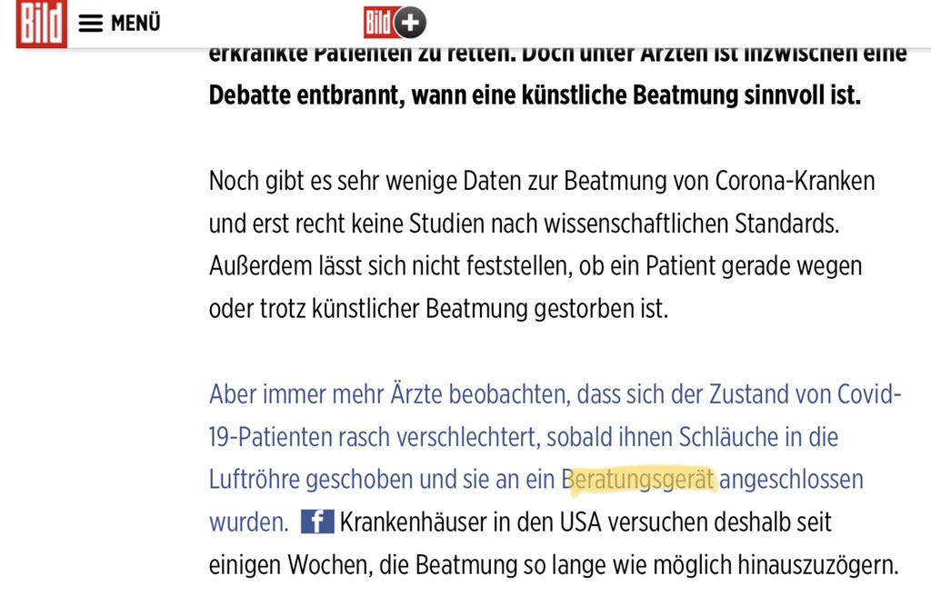 Beratungsgeräte verkürzen laut <a href="/BILD/">BILD</a> die Überlebenrate bei Corona-Patienten. Danke für diese hervorragende Recherche. #COVID19 #bild