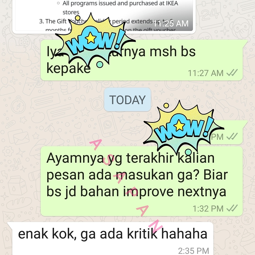 Asapan10's tweet photo. Sebagian review untuk batch terakhir PO ayam asap dari konsumen yang puas. Semoga bisa improve lagi ke depannya 

Twitter please do your magic https://t.co/PACJhdn2tB